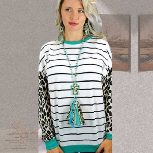 Women's Long Sleeve Turquoise Stripes Top With Leopard Sleeves - Picture 3 of 4